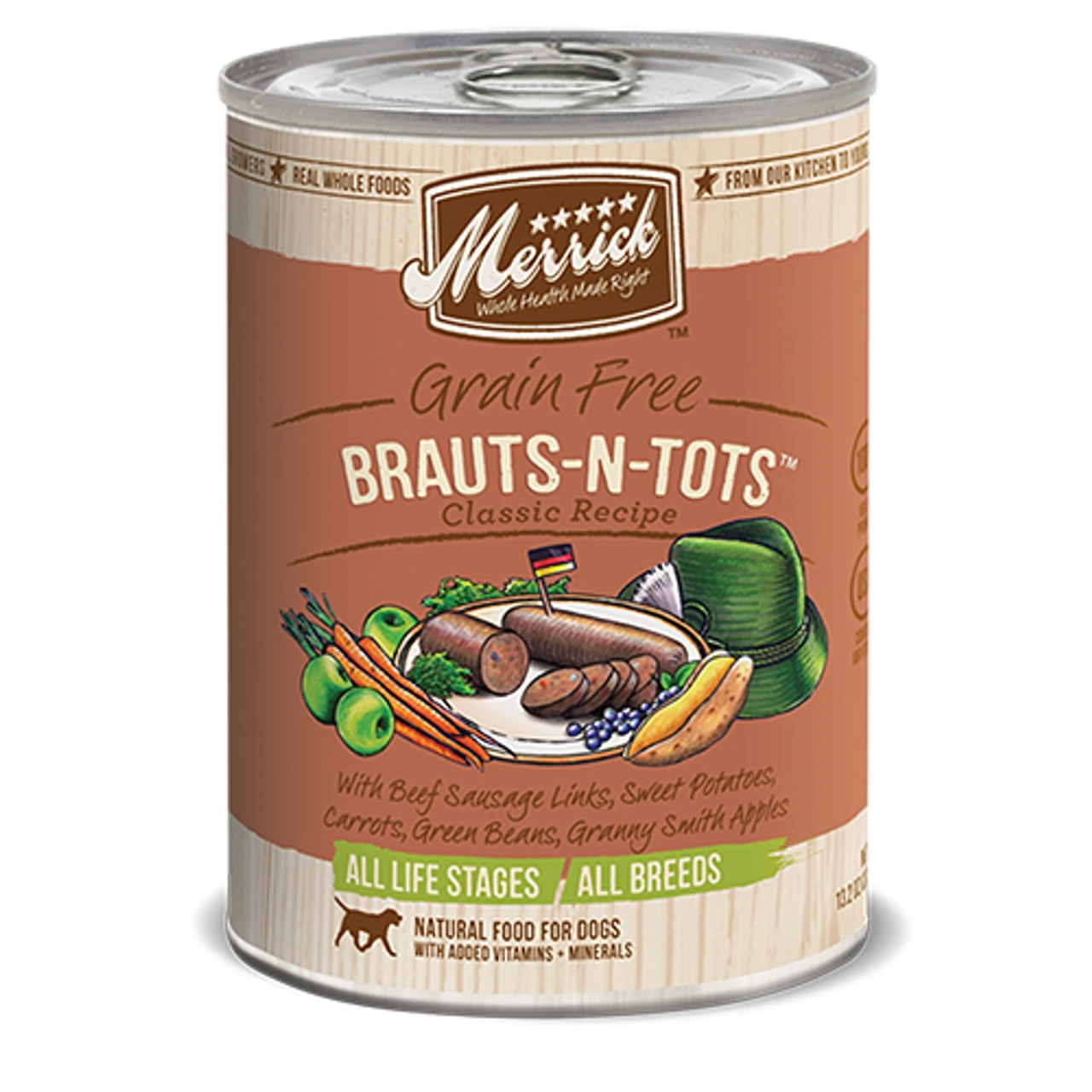 Merrick Grain-Free Brauts-N-Tots Classic Recipe Canned Dog Food 13.2 Oz. (Flat Of 12) 1 Merrick Grain-Free Brauts-N-Tots Classic Recipe Canned Dog Food 13.2 Oz. (Flat Of 12)